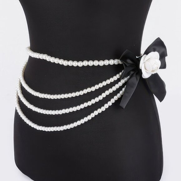 Layered Faux Pearl Flower Ribbon Belt - Picture 1 of 8